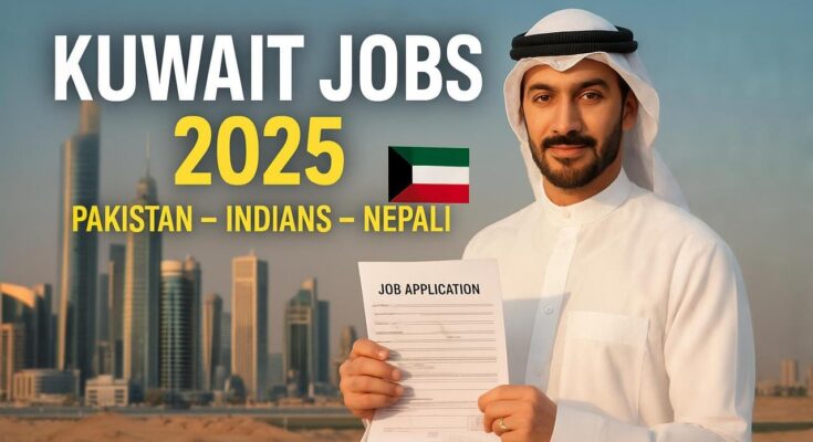 Kuwait Jobs 2025 thumbnail showing Kuwaiti man with Kuwait flag and job details