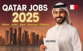Qatar Jobs 2025 thumbnail with a Qatari man holding a job offer document and the Doha skyline in the background