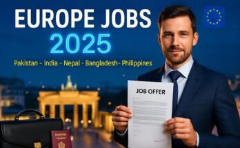 Europe Jobs 2025 thumbnail showing a European city skyline and job documents for overseas applicants