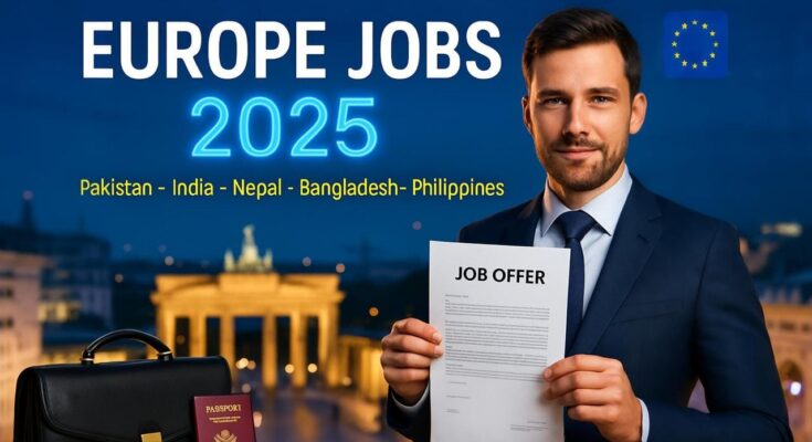 Europe Jobs 2025 thumbnail showing a European city skyline and job documents for overseas applicants